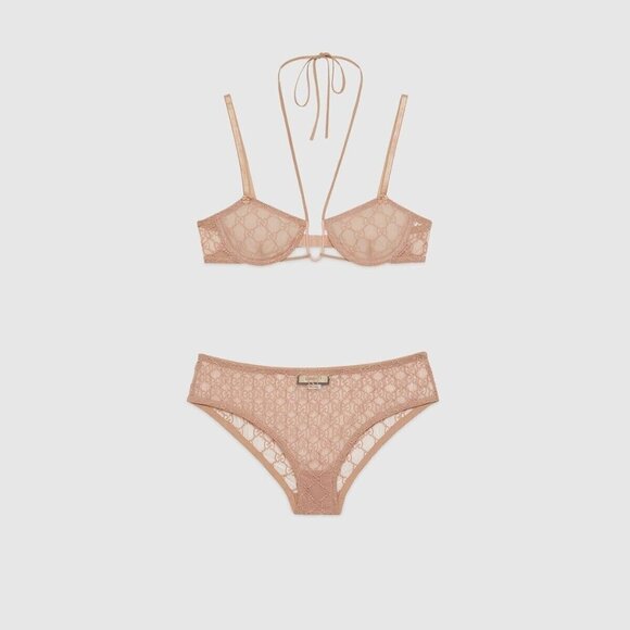 NWT GUCCI LINGERIE SET PINK GG TULLE LACE BOWS NECK AROUND HALTER BRA SET - Picture 1 of 10